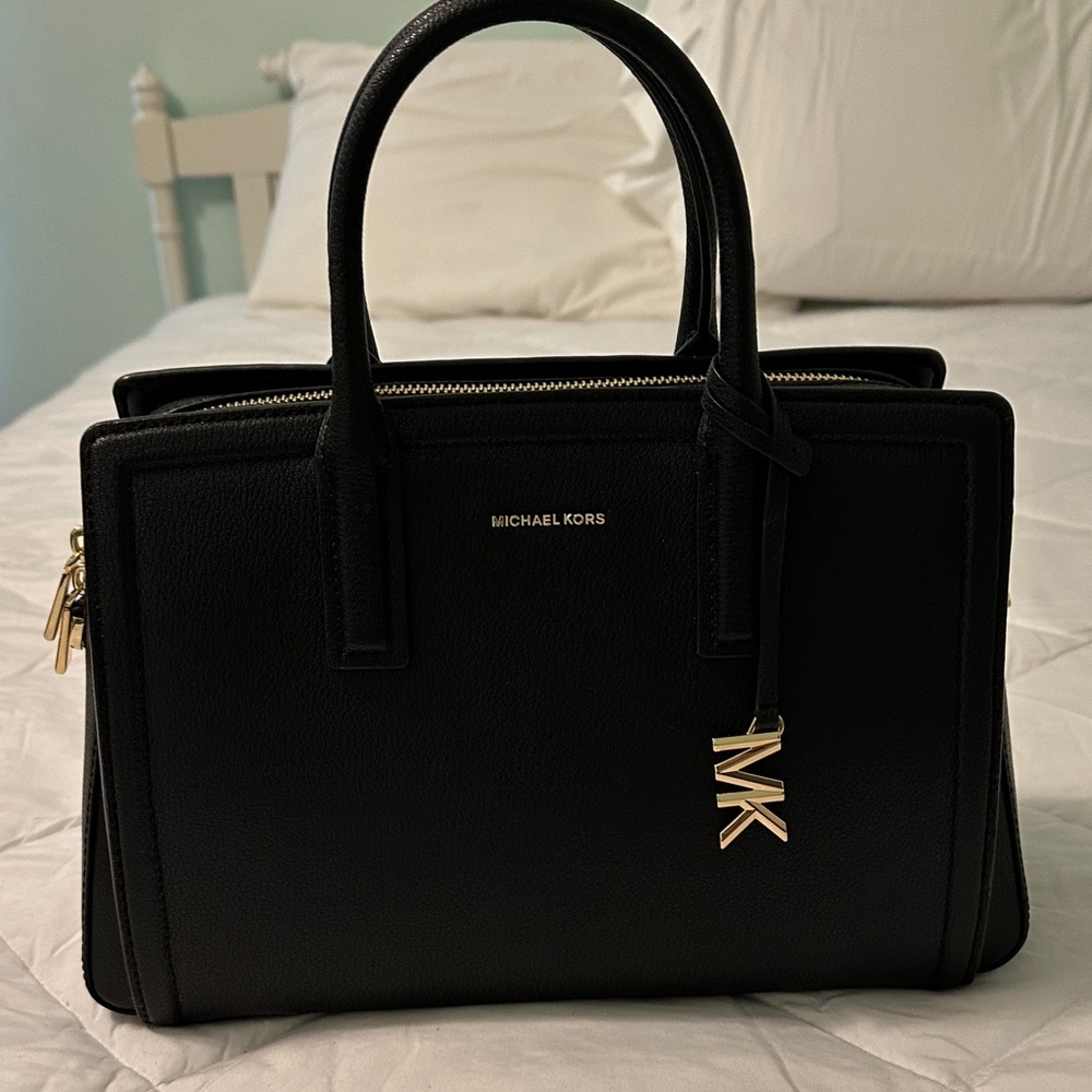 Michael Kors Black Leather Satchel with Gold MK Charm and Hardware